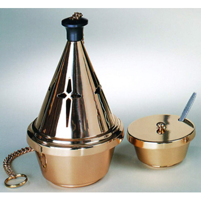 Thurible & Incense Boat, Bronze Or Brass, Single Chain, Round Base