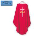  Red Lightweight Chasuble - Cross/Crown Design - Textured Fortrel - Poly/Linen Weave 