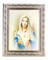  IMMACULATE HEART OF MARY IN A FINE DETAILED SCROLL CARVINGS ANTIQUE SILVER FRAME 