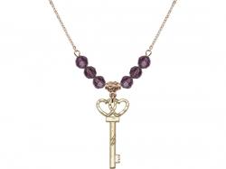  Small Key w/Double Hearts Medal Birthstone Necklace Available in 15 Colors 