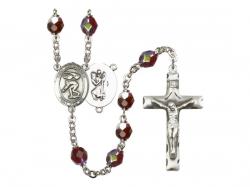  St. Christopher/Swimming Centre Rosary w/Aurora Borealis Garnet Beads 