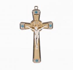  TWO-TONE NICKEL CROSS WITH LIGHT BLUE CRYSTAL STONE 