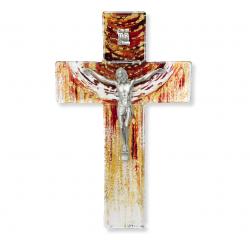  7\" SUNSET WITH EARTH TONES ON GLASS CROSS WITH PEWTER CORPUS 