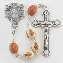  BEIGE CROSS STAMPED WOOD BEAD ROSARY 