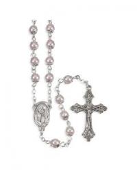  CAPPED PINK IMITATION PEARL GLASS BEAD ROSARY CROSS & CENTER 