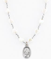  PEARLESCENT WHITE HEART SHAPE BEAD NECKLACE WITH SILVER SPACERS AND MIRACULOUS MEDAL 