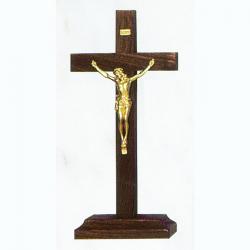  Standing Block 7\" Crucifix in Walnut Wood - Sprayed Gold Corpus 