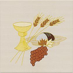  White Altar Cover - \"Chalice, Wheat, Grapes, Bread\" - Cantate Fabric 