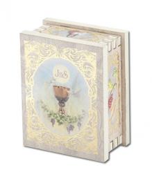  COMMUNION NATURAL WOOD SQUARE WHITE ROSARY BOX 