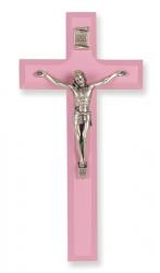  7\" PINK WOOD CROSS WITH ANTIQUE SILVER CORPUS 