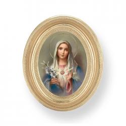  IMMACULATE HEART OF MARY GOLD STAMPED PRINT IN OVAL GOLD LEAF FRAME 