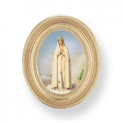  O.L. OF FATIMA GOLD STAMPED PRINT IN OVAL GOLD LEAF FRAME 