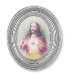  SACRED HEART OF JESUS GOLD STAMPED PRINT IN OVAL SILVER LEAF FRAME 