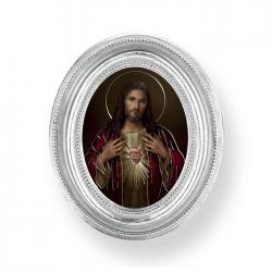  SACRED HEART OF JESUS GOLD STAMPED PRINT IN OVAL SILVER LEAF FRAME 