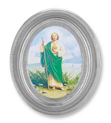  ST. JUDE GOLD STAMPED PRINT IN OVAL SILVER LEAF FRAME 