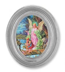  GUARDIAN ANGEL GOLD STAMPED PRINT IN OVAL SILVER LEAF FRAME 