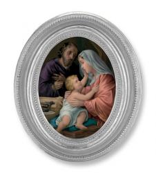  HOLY FAMILY GOLD STAMPED PRINT IN OVAL SILVER LEAF FRAME 