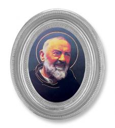  ST. PIO GOLD STAMPED PRINT IN OVAL SILVER LEAF FRAME 