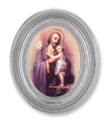  ST. JOSEPH GOLD STAMPED PRINT IN OVAL SILVER LEAF FRAME 