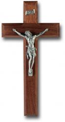  10\" WALNUT WOOD CROSS WITH PEWTER CORPUS 