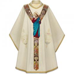  Ecru Chasuble - Good Shepherd Motif - Moire Fabric 