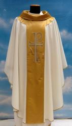  \"Chi Rho/Alpha Omega\" Chasuble - Gold Wool Panel - Misto Lana Fabric - 45% Wool/55% Poly 