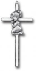  WHITE WOOD CROSS WITH PEWTER PRAYING BOY FIGURE 