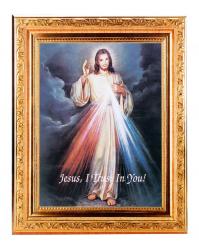  DIVINE MERCY IN A FINE DETAILED SCROLL CARVINGS ANTIQUE GOLD FRAME 