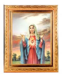  IMMACULATE HEART OF MARY IN A FINE DETAILED SCROLL CARVINGS ANTIQUE GOLD FRAME 