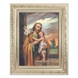  ST. JOSEPH IN A FINE DETAILED SCROLL CARVINGS ANTIQUE SILVER FRAME 