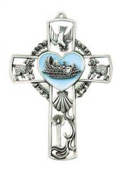  Pewter Baby Wall Cross Blue (5\") 