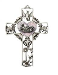  Pewter Baby Wall Cross Pink (5\") 