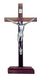  Standing Block 9\" Crucifix in Walnut Wood - Pewter Finish Corpus 