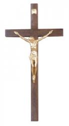  12\" Block Crucifix in Walnut Wood - Sprayed Gold Corpus 