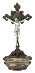  St. Benedict Crucifixion Holy Water Font Hand-Painted in Cold Cast Bronze w/Pewter Corpus, 9.5\" 