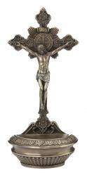  St. Benedict Crucifixion Holy Water Font Hand-Painted in Cold Cast Bronze, 9.5\" 